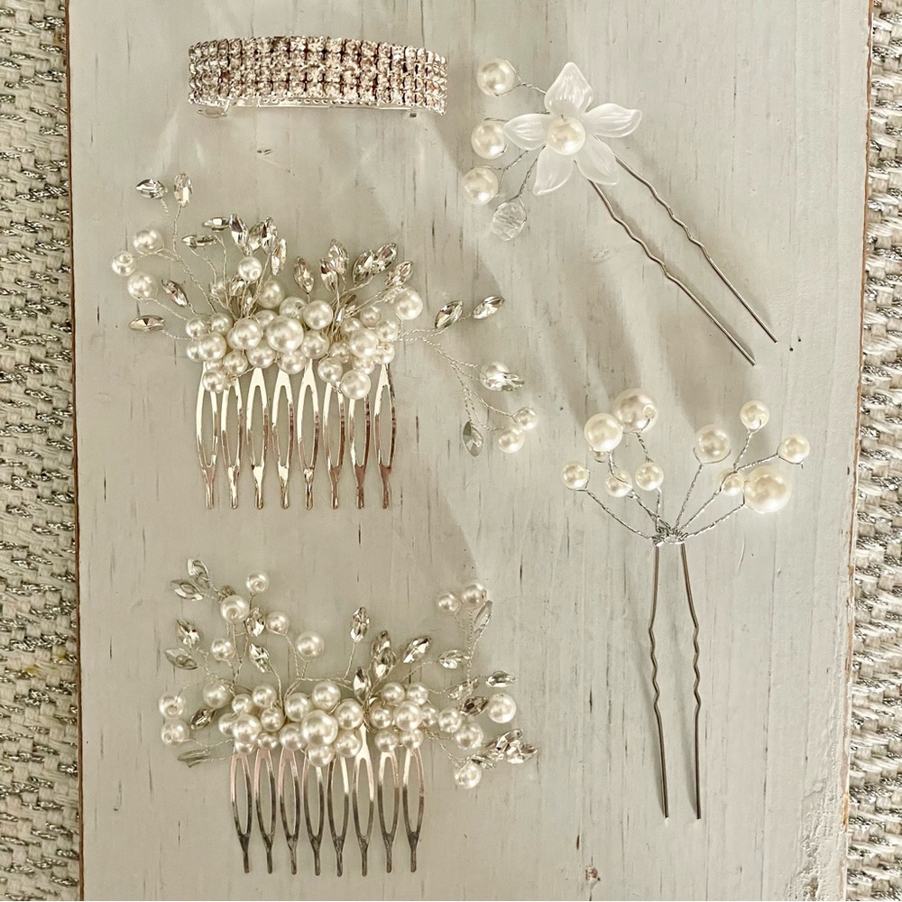 5 PC hair accessory lot, bridal faux pearls combs, hair pins & pony tail clip